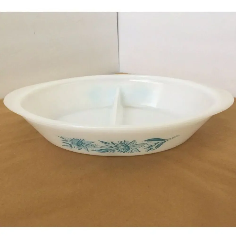 Glasbake Divided Baking Dish Serving Bowl Aqua Blue Thistle Jeanette Milk Glass